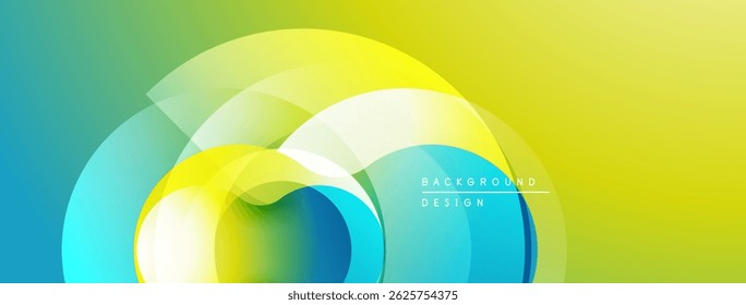 Abstract vibrant background. Overlapping circles create dynamic visual effect. Yellow, blue gradients dominate composition. Modern design element.