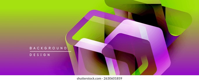Abstract vibrant background. Overlapping geometric shapes create dynamic visual effect. Gradient colors blend smoothly, purple, green hues dominate.