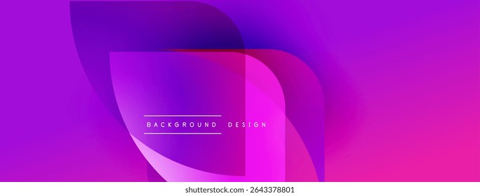 Abstract vibrant background. Overlapping shapes create dynamic visual effect. Purple, pink hues dominate composition. Modern design element.