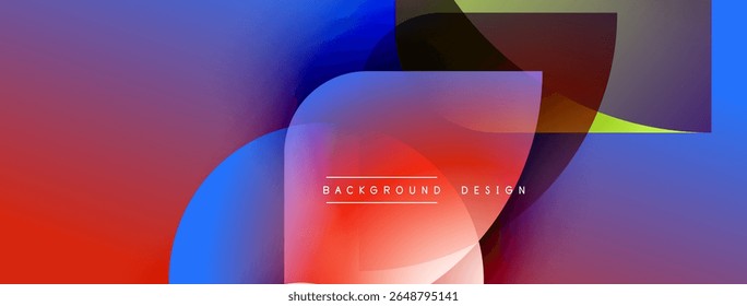 Abstract vibrant background. Overlapping shapes create dynamic visual effect. Red, blue, purple hues dominate composition. Modern design element.
