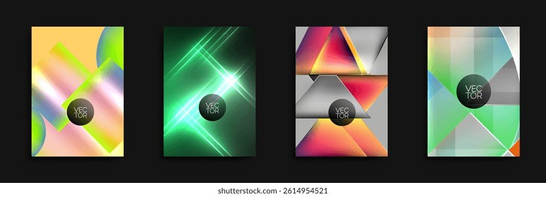 Abstract vibrant backgrounds. Geometric shapes overlap, creating colorful gradients. Designs feature vector graphics, modern aesthetic.