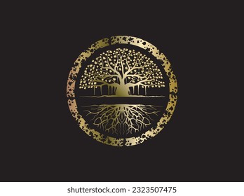 Abstract vibrant banyan tree logo with gold circle frame  svg