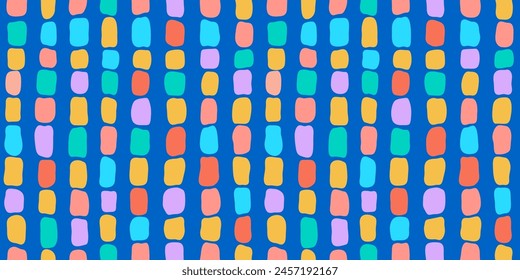 Abstract vibrant bead shape lines. Colorful spot shapes abstract stripes design elements on a vibrant blue background. Bright lines of hand-drawn bead shaped spots texture background.