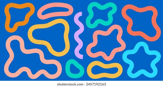 Abstract vibrant blob shapes set with textured brush stroke line. Gender neutral colorful trendy doodle cow spot shapes design elements. Fun retro multicolored pastel summer party elements.