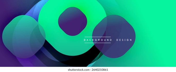 Abstract vibrant circles overlap, creating dynamic gradients. Green, purple hues dominate composition. Modern design element.