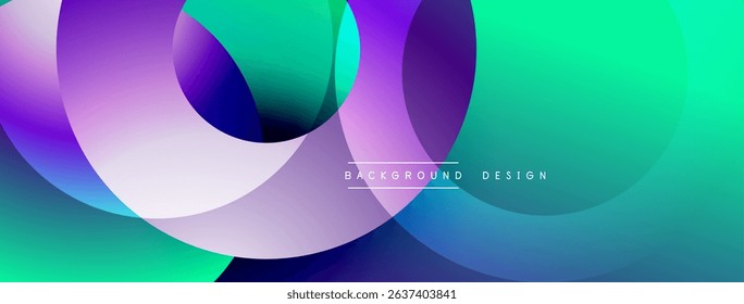 Abstract vibrant circles overlap. Gradient colors blendpurple, teal, green. Modern design element for backgrounds, presentations.