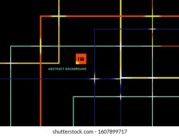 Abstract vibrant color geometric lines overlap with light on black background. Vector illustration