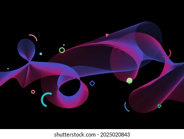Abstract vibrant color particles wave lines with circles geometric elements on black background. Vector illustration