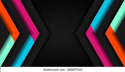 Abstract vibrant color triangle geometric overlap layer on glowing particles dots black background technology concept. Arrow shape direction colorful template for cover brochure, poster, banner web