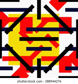 Abstract vibrant colorful seamless pattern with geometric shapes. Circles, squares, stripes, lines. Repeating background texture. Cloth design. Wallpaper, wrapping