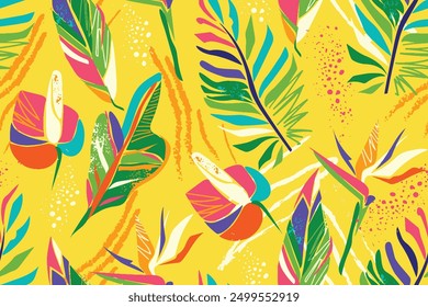 Abstract vibrant colors tropical summer leaves floral illustration yellow background wallpaper seamless pattern repeat print textile fabric vector artwork