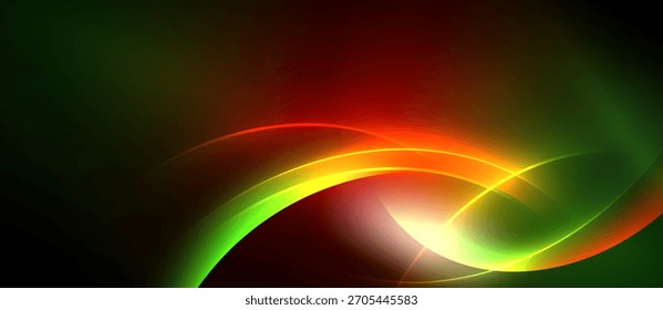 Abstractas curvas vibrantes se mezclan, creando un efecto de luz dinámico. Los Colores pasan del verde al rojo, con reflejos amarillos. Diseño dramático y moderno.