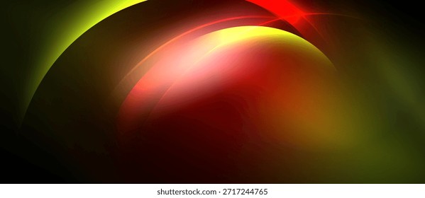 Abstractas curvas vibrantes se mezclan, creando un impacto visual dinámico. Los Colores cambian de amarillo a rojo, sobre fondo oscuro.