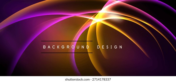 Las Abstractas curvas vibrantes crean un efecto de luz dinámico. Los tonos púrpura, naranja y amarillo se mezclan a la perfección. Elemento de diseño moderno.