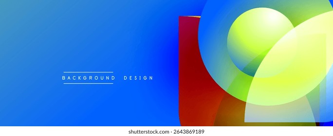 Abstract vibrant design. Blue gradient background features overlapping geometric shapes, red rectangle, green circle, yellow square. Modern aesthetic.