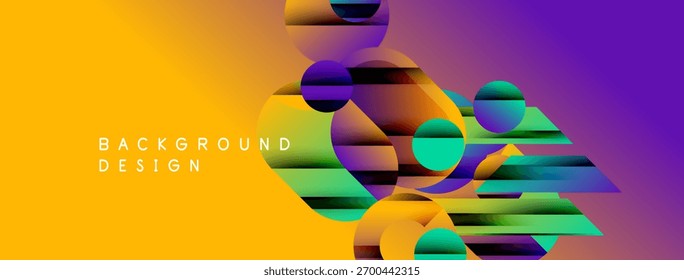 Abstract vibrant design. Circles, rectangles overlap creating dynamic gradient effect. Yellow, purple, green hues dominate composition.