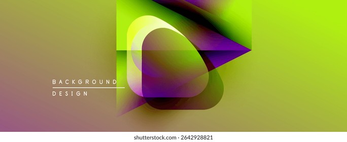 Abstract vibrant design features flowing gradients, geometric shapes, layered elements. Modern aesthetic, suitable for digital backgrounds.