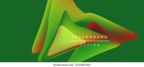Abstract vibrant design features flowing shapes, gradients. Green background provides contrast, text labels elements. Modern aesthetic.