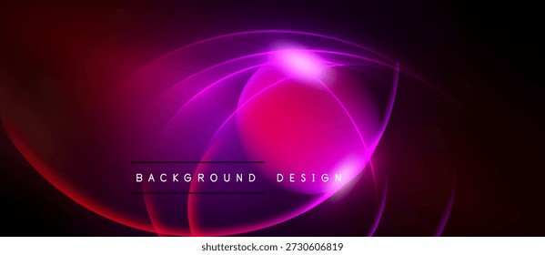 Abstractas diseño vibrante cuenta con curvas fluidas, Gradientes. Los tonos rosados y púrpuras dominan el fondo oscuro. El texto lee el diseño de fondo.