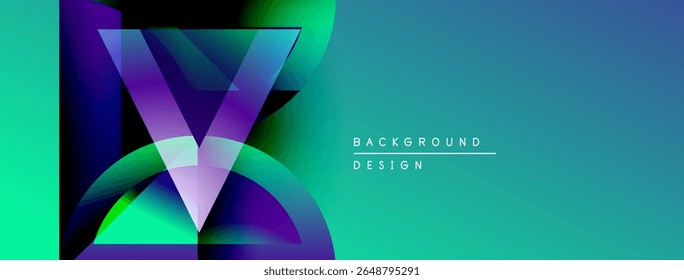 Abstract vibrant design features layered shapes, gradients. Teal, purple hues dominate composition. Modern aesthetic, clean lines present.