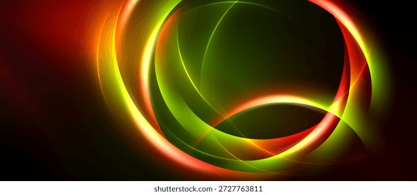 Abstractas diseño vibrante presenta círculos brillantes en capas. Los Colores se mezclan, creando un impacto visual dinámico contra el fondo oscuro.