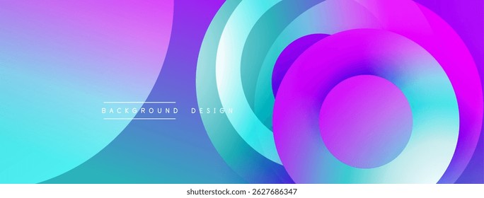 Abstract vibrant design features overlapping circles. Gradient colors blend purple, blue, pink creating dynamic visual effect. Modern background.