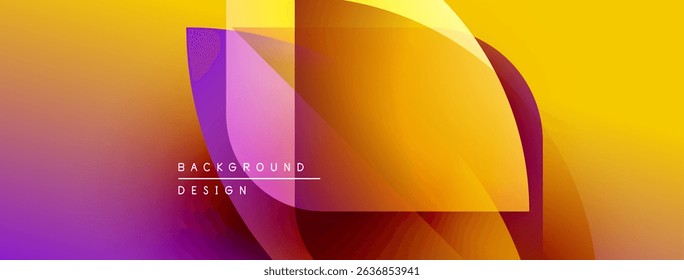 Abstract vibrant design features overlapping shapes, gradients. Yellows, purples, oranges create dynamic visual effect. Modern background element.