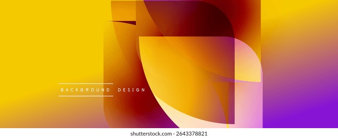 Abstract vibrant design features overlapping shapes, gradients. Yellows, oranges, purples blend creating dynamic visual effect. Modern aesthetic.