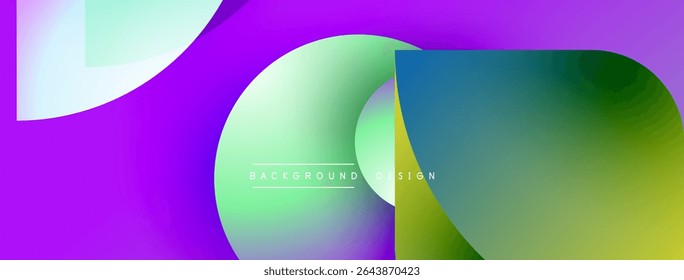 Abstract vibrant design features overlapping circles, gradients. Purple, green hues dominate composition. Text reads background design.
