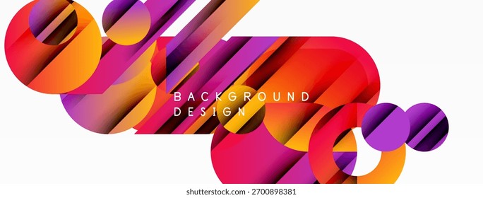 Design vibrante e abstrato. Círculos sobrepostos, listras criam um plano de fundo moderno. Tons rosa, roxo, laranja dominam a composição.
