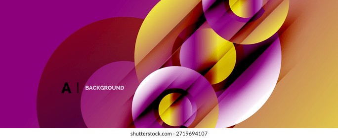 Abstractas diseño vibrante. Al superponerse círculos, los rectángulos crean una composición dinámica. Los tonos morados y dorados dominan el espacio visual. Estética moderna.
