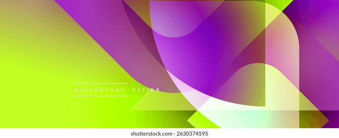 Abstract vibrant design. Overlapping shapes create dynamic gradient effect. Yellow, purple hues dominate composition. Modern aesthetic.