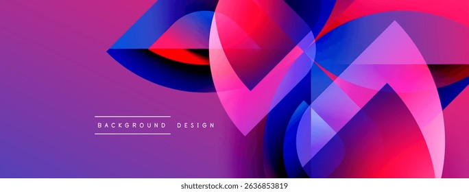 Abstract vibrant design. Overlapping shapes create dynamic visual effect. Purple, blue, pink hues dominate composition. Modern aesthetic.