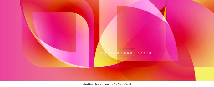 Abstract vibrant design. Overlapping shapes create dynamic gradient effect. Pink, orange, yellow hues dominate composition. Modern aesthetic.