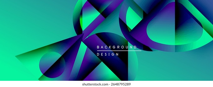 Abstract vibrant design. Overlapping shapes create dynamic composition. Turquoise, purple hues dominate visual space. Modern aesthetic.