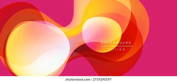 Abstract vibrant design. Overlapping shapes create dynamic flow. Warm colors dominate pink backdrop. Modern aesthetic.