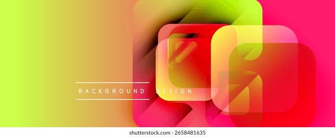 Abstract vibrant design. Overlapping squares create dynamic color gradients. Yellow transitions to red, modern aesthetic.