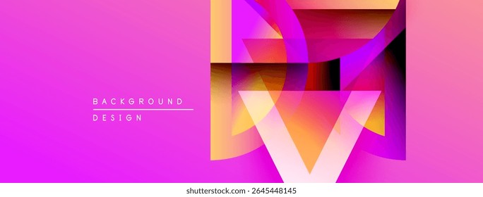 Abstract vibrant design. Pink purple gradient background. Geometric shapes overlap creating modern visual effect. Stylish composition.