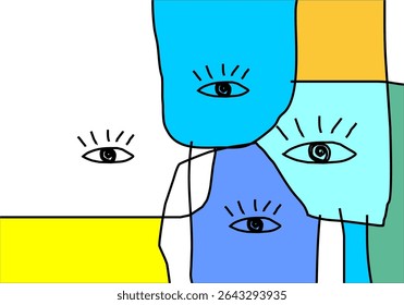 Abstract and vibrant eye-centric pattern with bold red, teal, and yellow sections outlined in black, hinting at alertness or abstract characters.