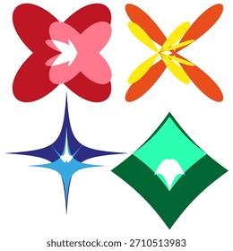 Abstract vibrant figures. Four dynamic shapes. Geometric star forms. Vector bright collection. EPS 10.