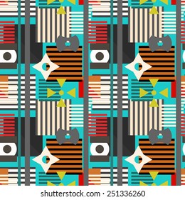 Abstract vibrant geometric seamless pattern. Circles, squares, stripes, lines. Repeating background texture. Cloth design. Wallpaper, wrapping