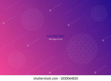 Abstract vibrant geometric template with round shapes on purple gradient background. Element design with lines and dots pattern. Copy space for text. Vector Illustration.