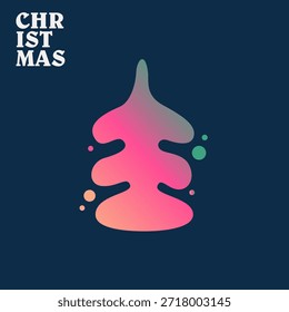 Abstrakte lebendige Farbverlauf Weihnachtsbaum Silhouette mit bunten Blasen und "CHRISTMAS" Typografie auf dunkelblauem Hintergrund minimalistische Illustration.