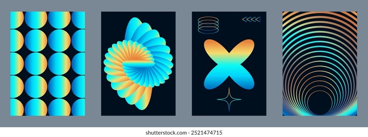 Abstract vibrant gradient cover design set in trendy Y2k style. Modern electro music festival template with bold geometric shapes. Vector social media flyer, party invite, club flyer