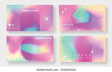 Abstract vibrant gradient cover template. Set of modern poster with geometric shapes, circles, stars, planet. Colorful gradient mesh background for brochure, flyer, wallpaper, banner, business card.