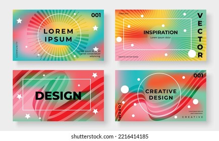 Abstract vibrant gradient cover template. Set of modern poster with colorful, circles, wavy lines, sunburst, stars. Gradient background for brochure, flyer, wallpaper, banner, business card.