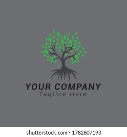 Resumen del diseño del logo del árbol verde vibrante, árbol vectorial de la inspiración del diseño del logo de la vida aislado sobre fondo negro claro.