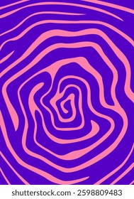 Abstract vibrant groovy 70s background featuring psychedelic waves, swirling pattern in purple and pink color palette. Vector trendy art illustration.