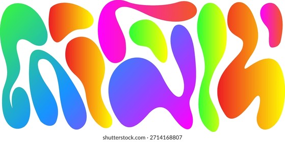 Una Imagen abstracta y vibrante que muestra una colección de manchas orgánicas, fluidas e irregulares. Cada forma presenta un gradiente de color suave, en transición a través de un espectro de tonos brillantes incl