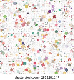 An abstract, vibrant, and joyful seamless pattern composed of numerous colorful squares, outlined squares, and tiny circles on a clean white surface, perfect for festive occasions.